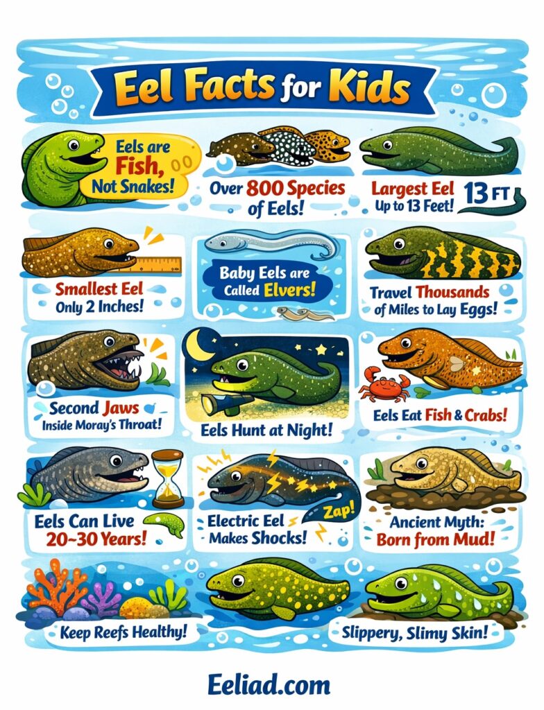 Fun Eels facts for Kids Infographic