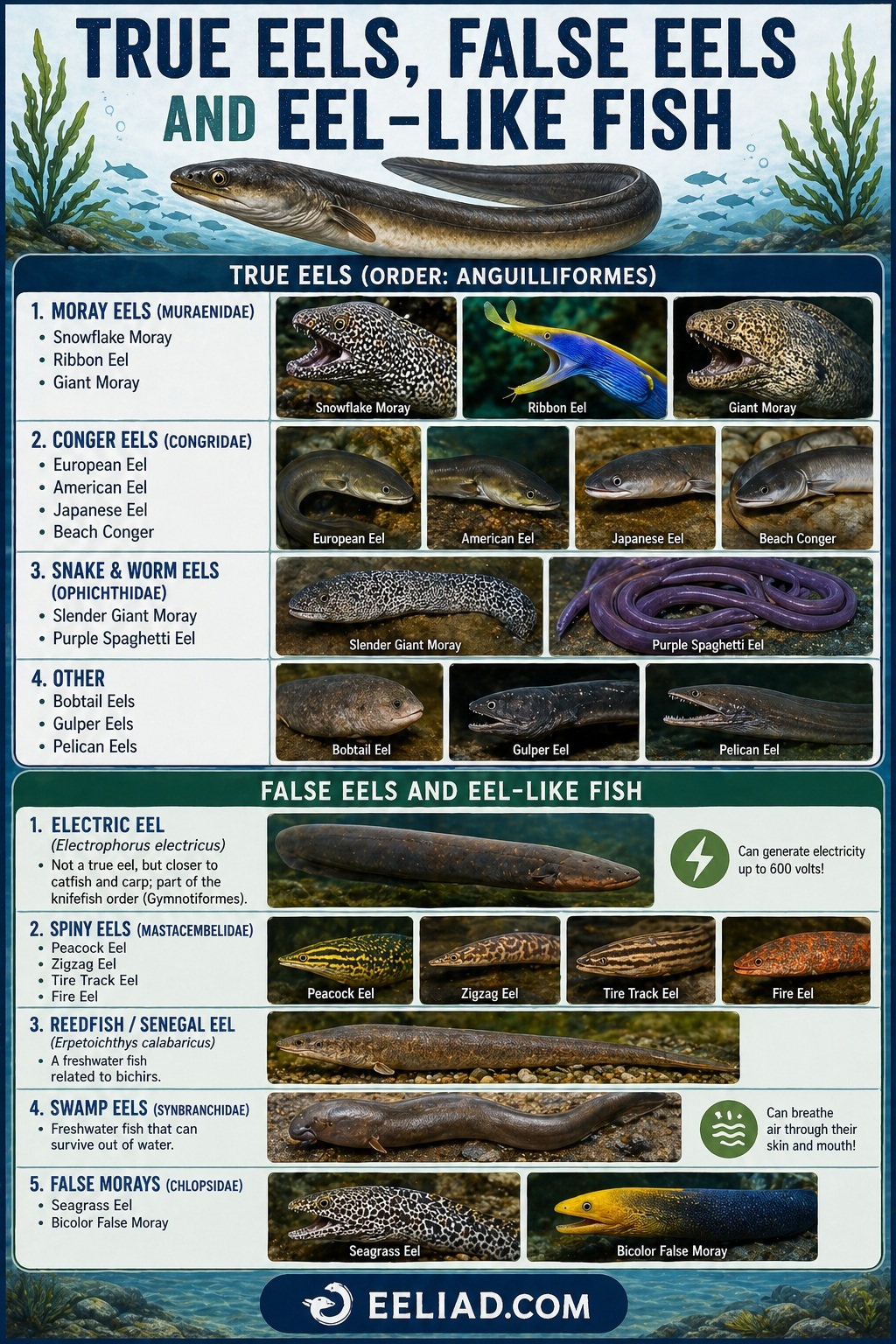 True Eels and False Eels and Eel like Fish